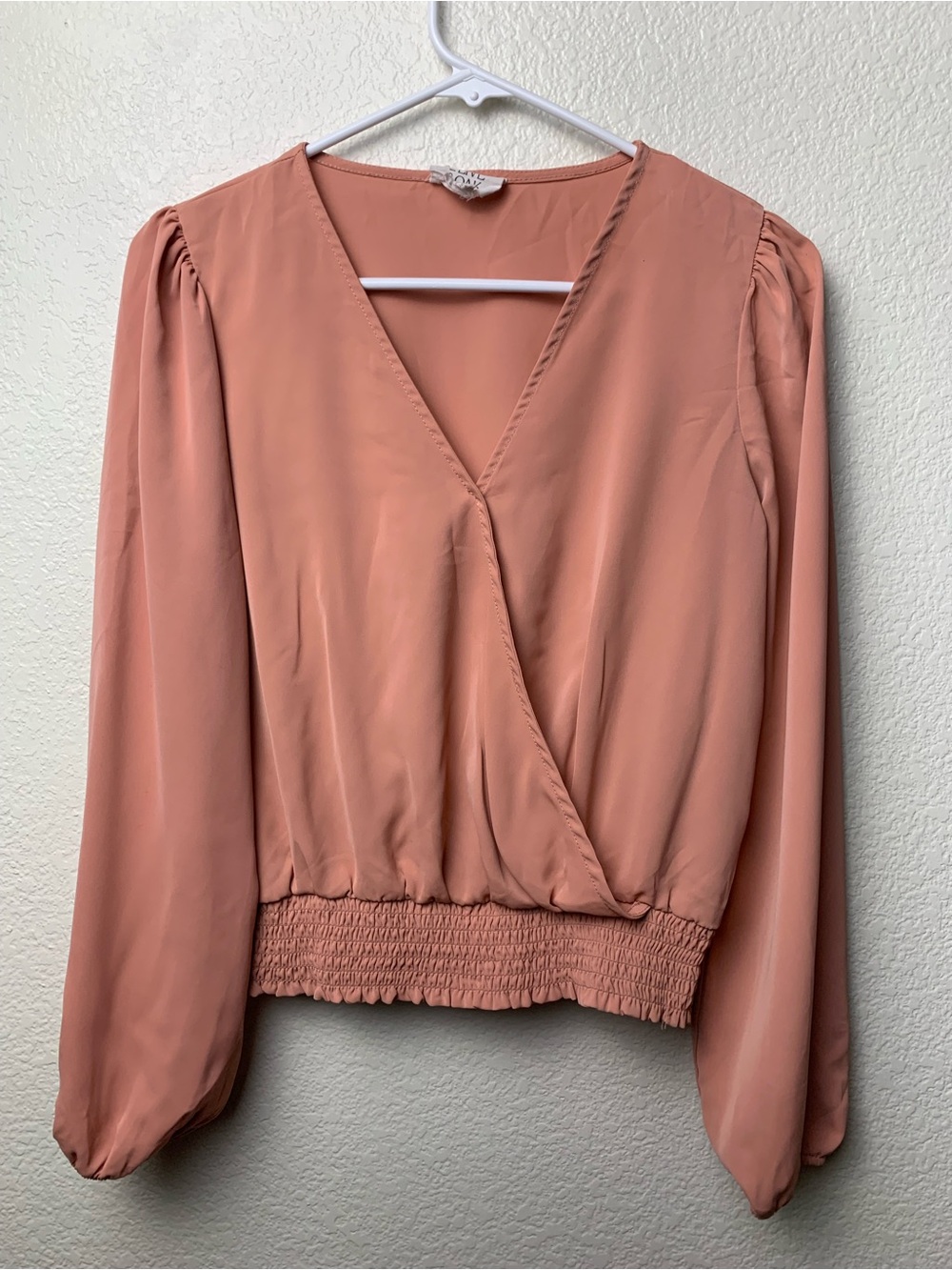 Blush Pink Romantic Wrap Blouse Smocked Waist Puff Sleeves Cottagecore Top S